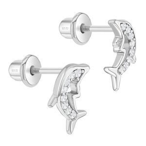 925 Sterling Silver Nautical Clear Cubic Zirconia Dolphin Screw Back Earrings fo